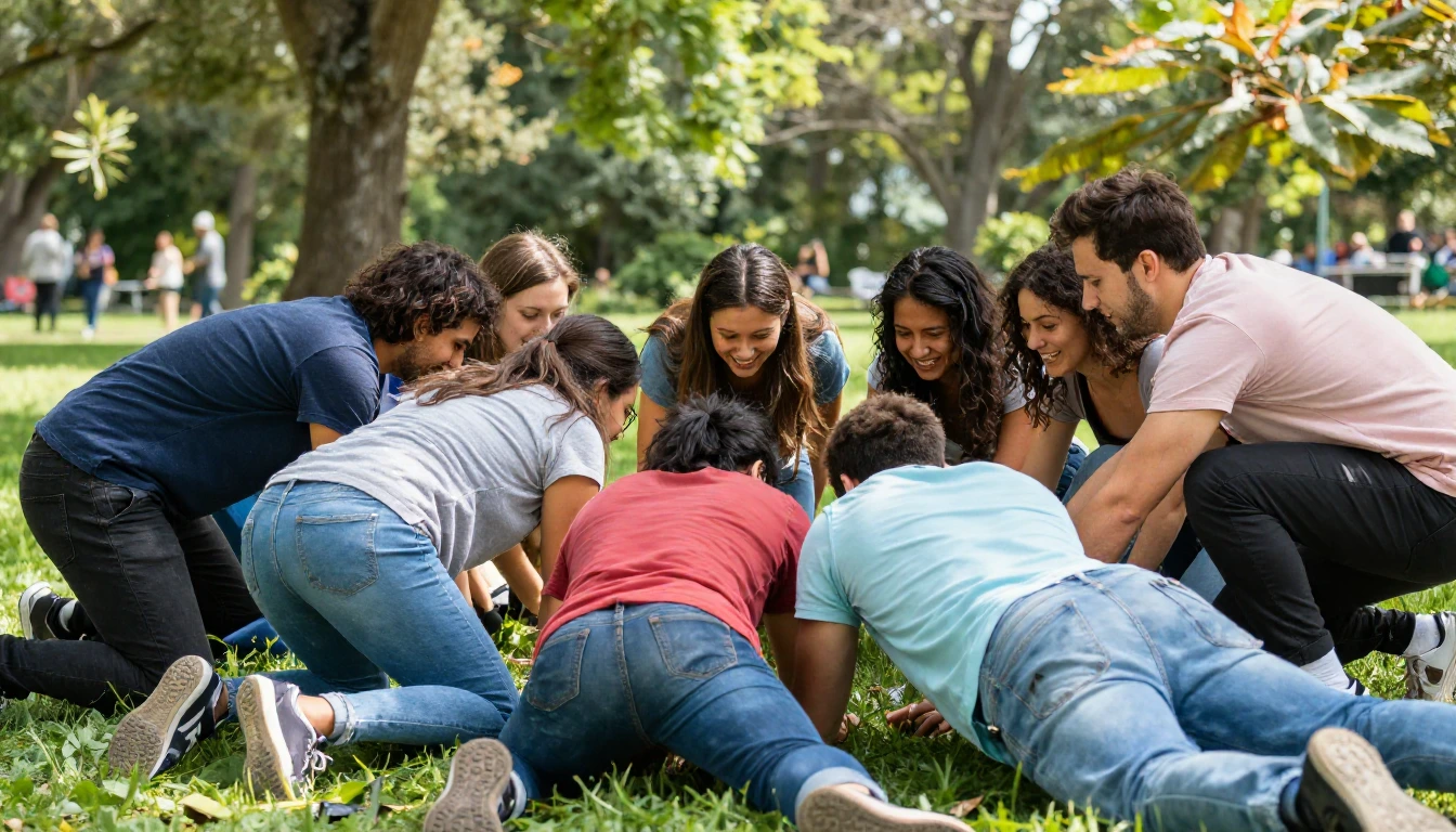 Plusieurs personnes assisent au sol dans un parc