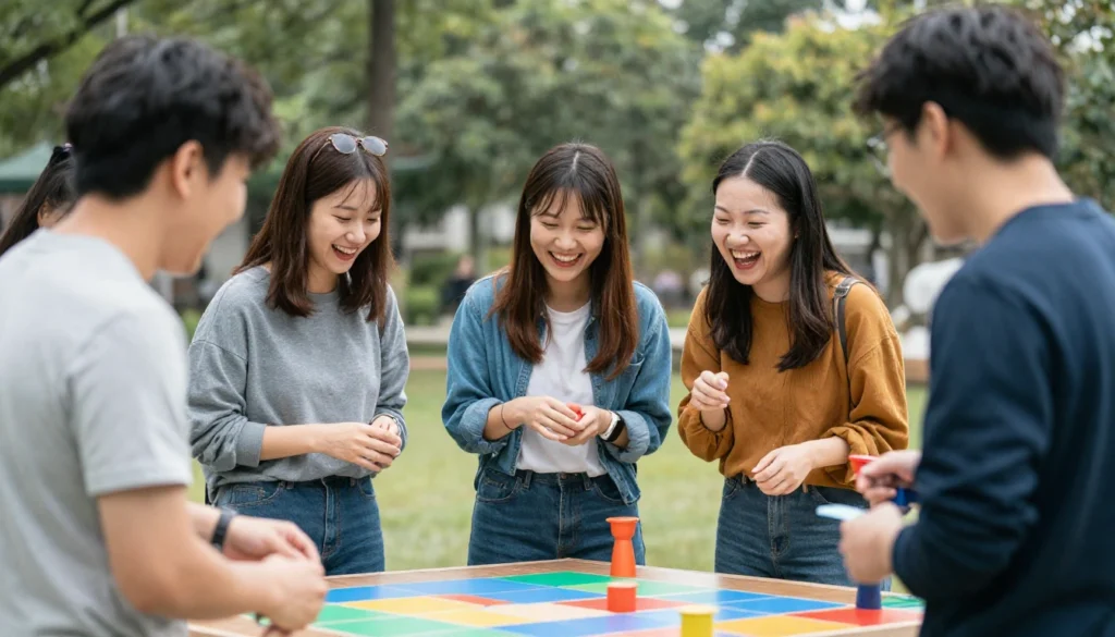 Plusieurs personnes joue à un jeu en extérieur